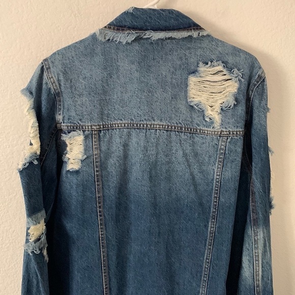 Love, Fire Long Distressed Ripped Denim Jean Jacket - Picture 3 of 16